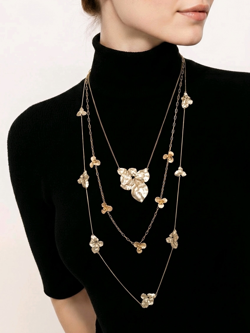 Gold Multi-Layer Floral Pendant Necklace - Women Jewelry